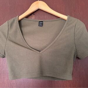 Zara Green Ribbed Short Sleeve Crop Top